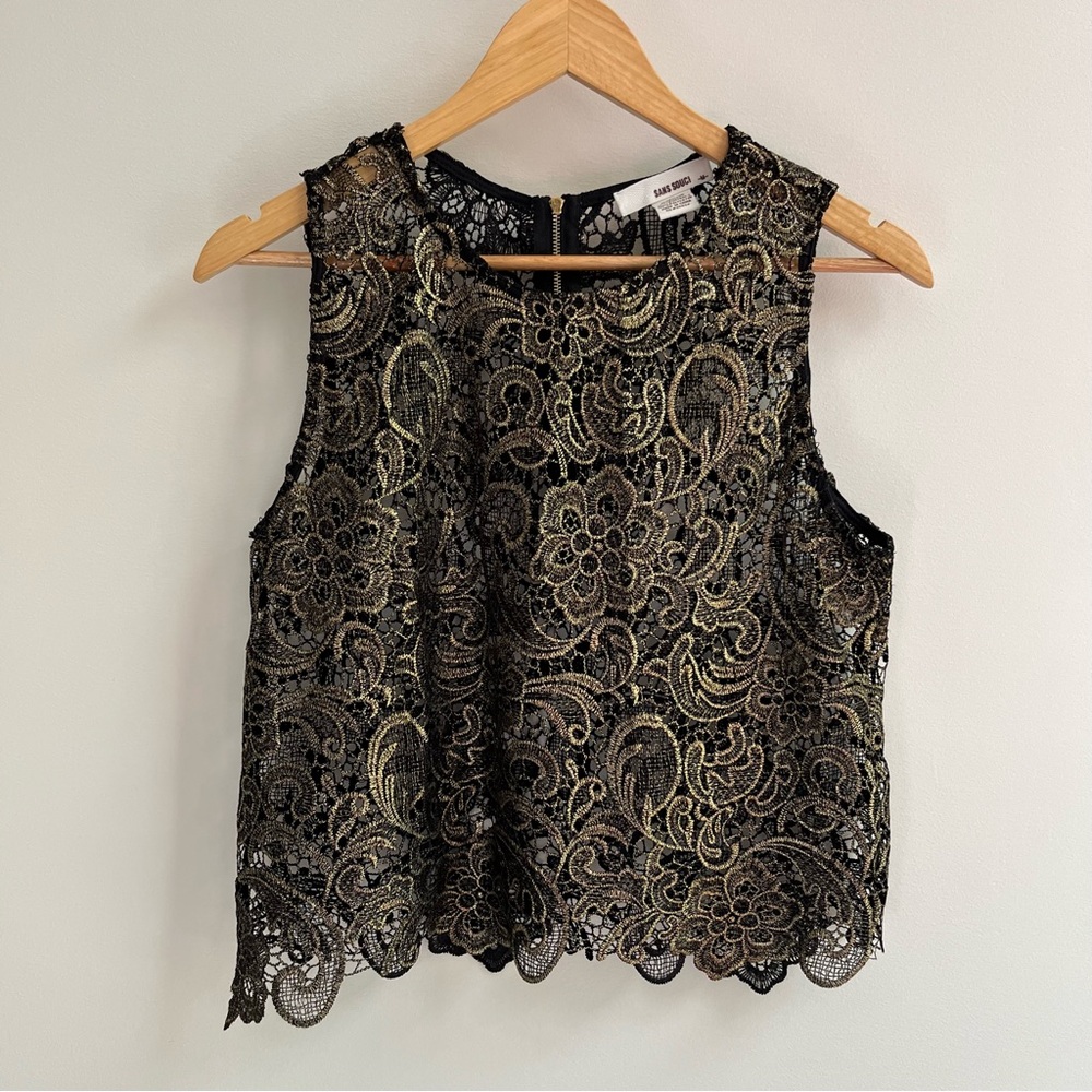 Sans Souci Sheer Paisley Floral Lace Black Gold Metallic Tank Top M